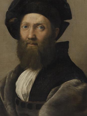 Raffaello Sanzio, dit Raphaël (1483-1520), Portrait de Baldassare Castiglione, écrivain et diplomate (1478-1529). Détail du visage. Vers 1514-1515, peinture (huile sur toile), 82 × 67 cm. Paris, musée du Louvre