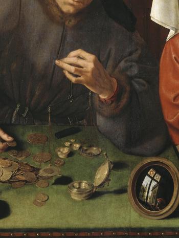 Quentin Metsys (1466-1530), Le Prêteur et sa femme (Le Changeur et sa femme [détail de l’angle inférieur gauche : table et mains]). 1514, huile sur bois, 70 × 67 cm. Paris, musée du Louvre (no inv. INV. 1444)