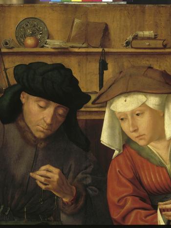 Quentin Metsys (1466-1530), Le Prêteur et sa femme (Le Changeur et sa femme [détail de la partie supérieure]). 1514, huile sur bois, 70 × 67 cm. Paris, musée du Louvre (no inv. INV. 1444)