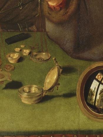 Quentin Metsys (1466-1530), Le Prêteur et sa femme (Le Changeur et sa femme [détail du trébuchet, des pièces et du miroir]). 1514, huile sur bois, 70 × 67 cm. Paris, musée du Louvre (no inv. INV. 1444)