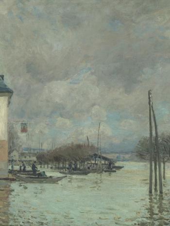 Alfred Sisley (1839-1899), L’Inondation à Port-Marly. Détail du ciel nuageux et des barques. 1876, peinture (huile sur toile), 60 × 81 cm. Paris, musée d’Orsay