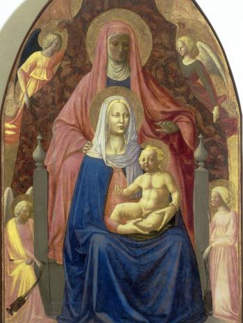 Tommaso di Giovanni dit Masaccio (1401-1428) et Tommaso di Cristofano Fini dit Masolino (vers 1383/84-1435), La Vierge à l’Enfant avec sainte Anne. Vers 1424-1425, peinture (détrempe sur bois), 175 × 103 cm. Italie, Florence, galerie des Offices (1890 no. 8386)