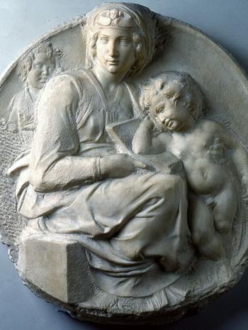 Michelangelo Buonarroti dit Michel-Ange (1475-1564), Vierge à l’Enfant (Tondo Pitti). Vers 1503-1504, sculpture (marbre blanc), 91 × 80 cm. Italie, Florence, musée national du Bargello (INV1879-93)