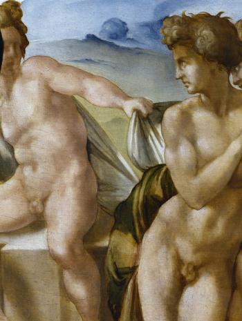 Michelangelo Buonarroti dit Michel-Ange (1475-1564), La Sainte Famille avec Saint Jean-Baptiste enfant (Tondo Doni ; détail du nu masculin inspiré du Laocoon). 1505-1506, peinture (détrempe sur bois), 120 cm. Italie, Florence, galerie des Offices (Inv. 1890 no. 1456)