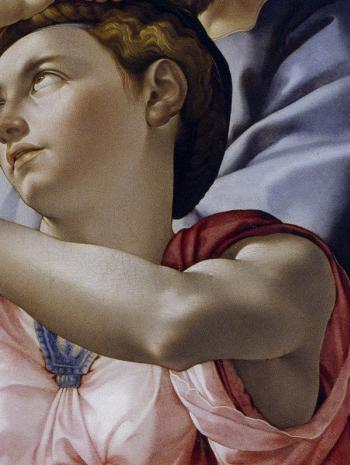 Michelangelo Buonarroti dit Michel-Ange (1475-1564), La Sainte Famille avec Saint Jean-Baptiste enfant (Tondo Doni ; détail du visage et de l’épaule de la Vierge). 1505-1506, peinture (détrempe sur bois), 120 cm. Italie, Florence, galerie des Offices (Inv. 1890 no. 1456)