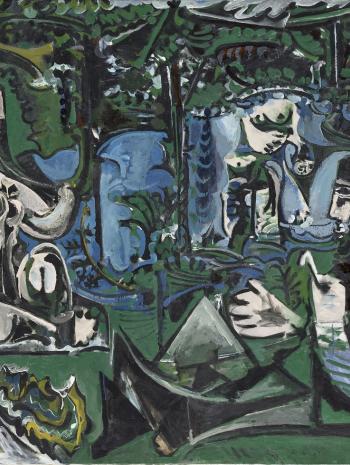 Pablo Picasso (1881-1973), Le Déjeuner sur l’herbe d’après Manet. Entre le 3 mars et le 20 août 1960, peinture (huile sur toile), 130 × 195 cm. Paris, musée national Picasso (MP215)