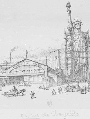 Paul Blondel (1855-1924), Atelier d’exécution de la Statue de la Liberté, 25 rue de Chazelles. 1884, gravure, 12,1 × 20,4 cm. Paris, Bibliothèque nationale de France