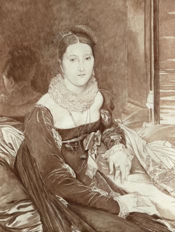 Jacques Joseph Tissot, dit James Tissot (1836-1902), d’après Jean-Auguste-Dominique Ingres (1780-1867), Portrait de madame de Senonnes. Copie en grisaille d’après Ingres. Achevé en 1899, peinture (huile sur toile), 102 × 81,3 cm. Nantes, musée d’Arts