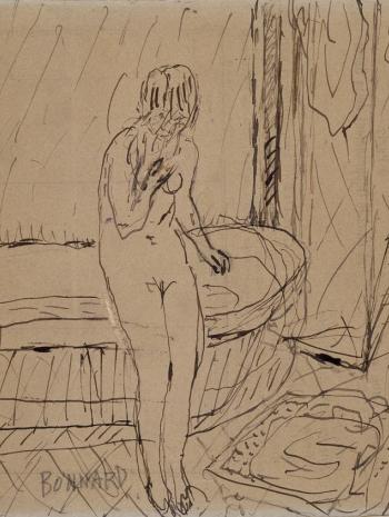 Pierre Bonnard (1867-1947), Femme nue debout devant une baignoire, à ses pieds, un tapis de bain. Dessin (plume, encre brune, mine de plomb), 14,9 × 15 cm. Paris, musée d’Orsay, conservé au musée du Louvre