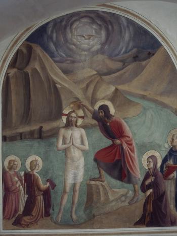 Guido Di Pietro, dit Fra Angelico (vers 1400-1455), Le Baptême du Christ. Cellule 24 du couvent San Marco à Florence (Italie). 1438-1450, peinture (fresque), 190 × 162 cm. Italie, Florence, Museo di San Marco 