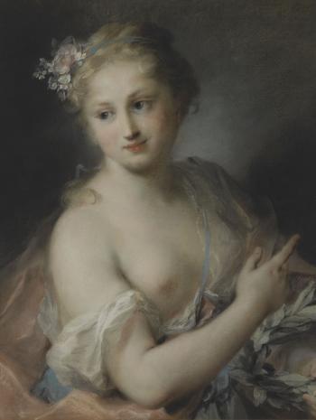 Rosalba Giovanna Carriera (1675-1757), Jeune fille tenant une couronne de laurier, nymphe de la suite d’Apollon. Morceau de réception à l’Académie royale de peinture et de sculpture, où l’artiste a été reçue le 26 octobre 1720. Entre 1720 et 1721, dessin (pastel sur papier), 61,5 × 54,5 cm. Paris, musée du Louvre