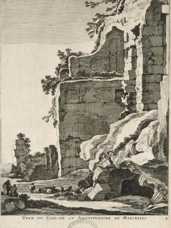 Gabriel Perelle (1603-1677), d’après Jan Asselyn (1610-1652), Veue du Colisée ou Amphithéâtre de Marcellus. XVIIe siècle, gravure en creux (estampe), 30,8 × 21,7 cm. Paris, École nationale supérieure des Beaux-Arts (Est 2351)