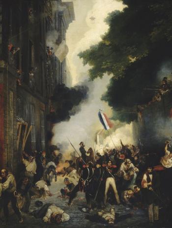 Révolutionnaires à Paris avec des drapeaux tricolores