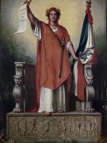 Femme debout en rouge avec une branche de laurier, un drapeau tricolore et la devise, souveraineté du peuple