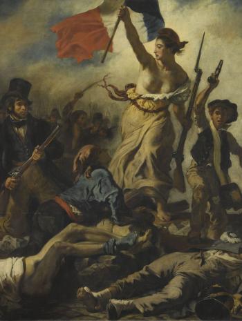 Femme nue tenant un drapeau tricolore avec des révolutionnaires 