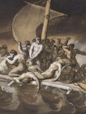 Théodore Géricault (1791-1824), Scène de cannibalisme sur le radeau de La Méduse. Étude pour Le Radeau de La Méduse. Vers 1818-1819, dessin (crayon noir, lavis d’encre brune, gouache blanche en rehauts et en lavis sur papier beige), 28,5 × 38,5 cm. Paris, musée du Louvre (RF 53032, Recto)