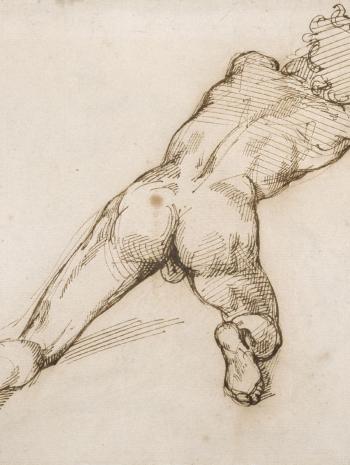 Théodore Géricault (1791-1824), Étude pour la figure de l’homme à genoux levant le bras droit. Étude pour Le Radeau de La Méduse. 1819, dessin (encre sur papier), 23,2 × 28,9 cm. Bayonne, musée Bonnat-Helleu (NI727recto;AI2048recto)