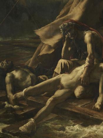 Théodore Géricault (1791-1824), Le Radeau de La Méduse. Titre ancien : Scène de naufrage. Détail de l’homme appuyé sur sa main, le cadavre de son fils étendu sur ses genoux. 1818-1819, peinture (huile sur toile), 491 × 716 cm. Paris, musée du Louvre (INV 4884)