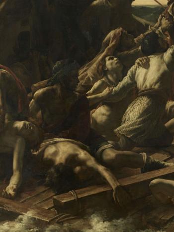 Théodore Géricault (1791-1824), Le Radeau de La Méduse. Titre ancien : Scène de naufrage. Détail des personnages ayant pour modèles le comédien Joseph, Corréard, Savigny, Touche-Lavilette et Eugène Delacroix. 1818-1819, peinture (huile sur toile), 491 × 716 cm. Paris, musée du Louvre (INV 4884)