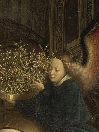 Jan Van Eyck (vers 1390/1395-1441), La Vierge et l’Enfant au chancelier Rolin. Provient de l’église Notre-Dame-du-Châtel, à Autun. Vers 1436/1441, peinture (huile sur bois), 66 × 62 cm. Paris, musée du Louvre (INV 1271)