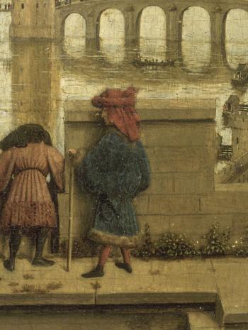 Jan Van Eyck (vers 1390/1395-1441), La Vierge et l’Enfant au chancelier Rolin. Provient de l’église Notre-Dame-du-Châtel, à Autun. Vers 1436/1441, peinture (huile sur bois), 66 × 62 cm. Paris, musée du Louvre (INV 1271)