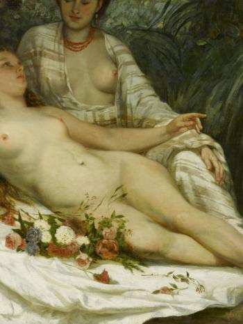 Gustave Courbet (1819-1877), Baigneuses, dit aussi Deux femmes nues. 1858, peinture (huile sur toile), 115,4 × 155,5 cm (à l’origine ; tronqué entre 1930 et 1950 d’environ 65 cm à la partie supérieure et d’environ 20 cm à la partie inférieure). Ornans, musée Gustave-Courbet (dépôt du musée d’Orsay ; MNR 876)