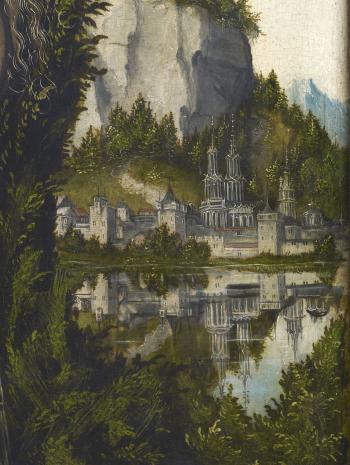 Lucas Cranach l’Ancien (1472-1553), Vénus debout dans un paysage. Détail du paysage. 1529, peinture (huile sur bois de hêtre), 38 × 25 cm. Paris, musée du Louvre (INV 1180)