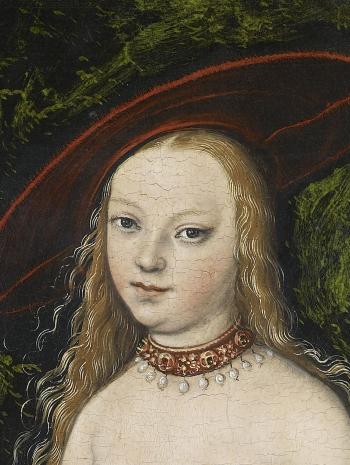 Lucas Cranach l’Ancien (1472-1553), Vénus debout dans un paysage. Détail du visage; 1529, peinture (huile sur bois de hêtre), 38 × 25 cm. Paris, musée du Louvre (INV 1180)