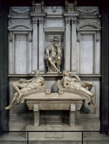 Michelangelo Buonarroti, dit Michel-Ange (1475-1564), tombeau de Laurent II de Médicis (1492-1519), duc d’Urbin. 1524-1531, sculpture et architecture (marbre blanc). Italie, Florence, basilique San Lorenzo, Nouvelle Sacristie