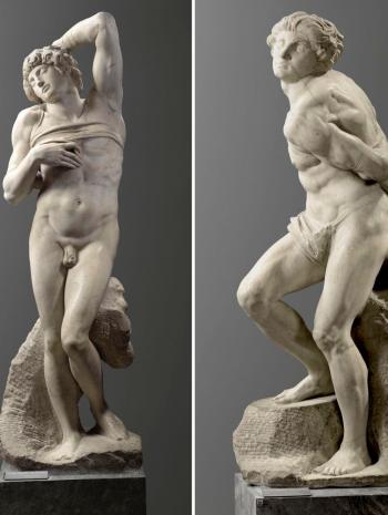 Michelangelo Buonarroti, dit Michel-Ange (1475-1564), Esclave mourant. Esclave rebelle1513-1515, sculpture (marbre), 227,7 × 72,4 × 53,5 cm. 215 × 49 × 75,5 cm. Paris, musée du Louvre (MR1589- MR 1590)