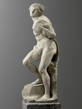 Michelangelo Buonarroti, dit Michel-Ange (1475-1564), Esclave rebelle. 1513-1515, sculpture (marbre), 215 × 49 × 75,5 cm. Paris, musée du Louvre (MR 1589)