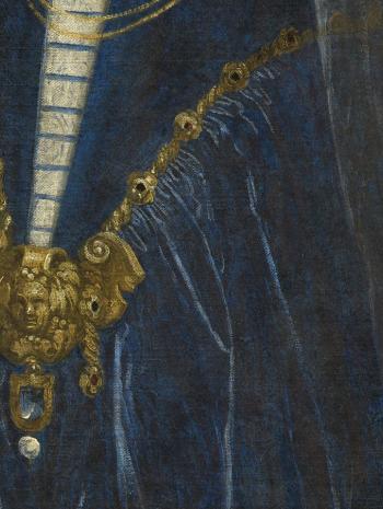 Paolo Caliari, dit Véronèse (1528-1588), Une patricienne de Venise, dit La Belle Nani. Détail de la robe bleue. Vers 1560, peinture (huile sur toile), 119 × 103 cm. Paris, musée du Louvre, RF 2111