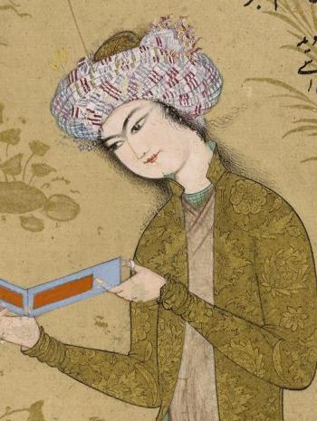Rézâ Abbâsi (vers 1565-1635), d’après Ustád Muḥammad, Jeune homme lisant un livre de poésie. Folio détaché. Provient d’Ispahan, en Iran. Vers 1625-1626, peinture (gouache et or sur papier), 21,9 × 14,7 cm. Royaume-Uni, Londres, The British Museum (1920,0917,0.298.3)