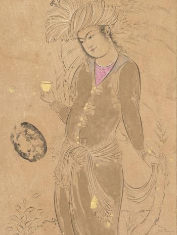 Reza Abbasi (vers 1565-1635), Jeune homme au gobelet d’or. Proviendrait d’Ispahan, en Iran. Vers 1610, peinture (encre, rehauts de couleur et d’or, apprêt [?] sur papier), 40,2 × 26 cm. Paris, musée du Louvre (OA 7136)