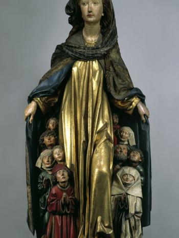 Michel Erhart (actif de 1469 à 1527), Vierge de miséricorde de Ravensbourg. 1480, sculpture, peinture et dorure (bois de tilleul, pigments et dorure). Allemagne, Berlin, Skulpturensammlung und Museum für Byzantinische Kunst (421)