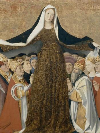 Enguerrand Quarton (connu de 1444 à 1466), La Vierge de la miséricorde de la famille Cadard. Provient d’Avignon. 1453, peinture (huile sur bois transposée sur toile), 66 × 187 cm. Chantilly, musée Condé (PE 111)