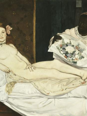 Femme nue sur un lit, une servante noire avec un bouquet de fleurs et un chat noir