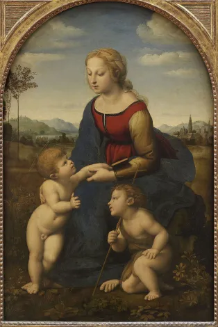 Raphaël inscrit la Vierge, son fils l’Enfant Jésus et son cousin saint Jean-Baptiste dans une composition pyramidale