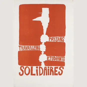 Affiche rouge et blanc de mai 1968 représentant une usine stylisée reliant les mots "Paysans", "Travailleurs" et "Étudiants", avec le slogan "Solidaires" en bas.