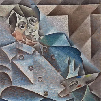 Portrait cubiste d'un homme, visage et buste décomposés en facettes géométriques.