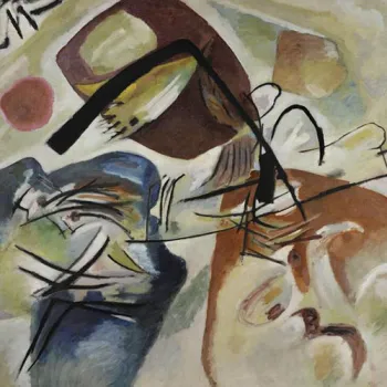 Peinture abstraite aux formes organiques et traits noirs dynamiques sur fond pastel.