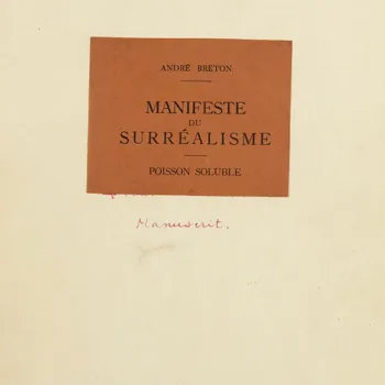 Page de titre du "Manifeste du surréalisme" d'André Breton, exemplaire manuscrit.