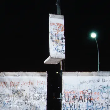 Fragment du mur de Berlin de nuit, couvert de graffitis (1989)