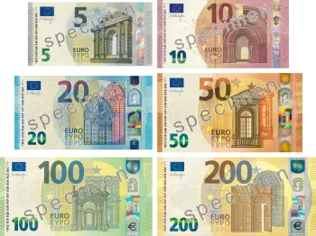 Billets en euros, spécimens des sept coupures (1999)